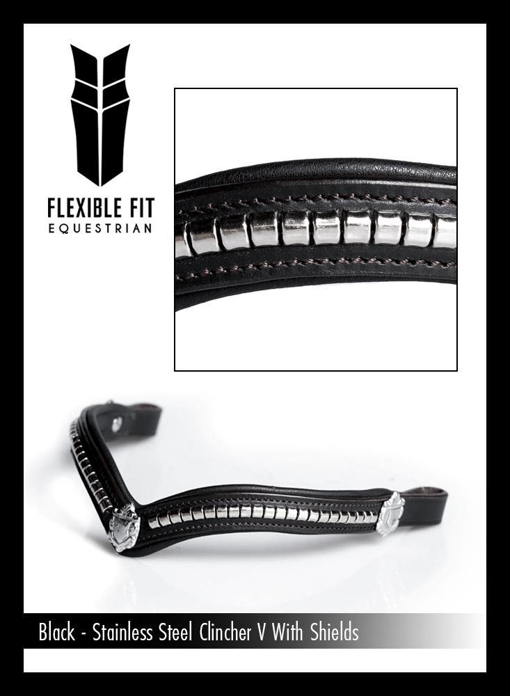 S/S CLINCHER V WITH SHIELDS - BLACK BROWBAND - Flexible Fit Equestrian Australia