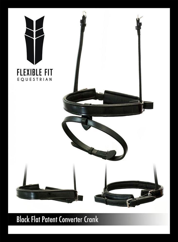 STRAIGHT FLAT PATENT CONVERTER CRANK - BLACK SNAFFLE/DOUBLE NOSEBAND - Flexible Fit Equestrian Australia