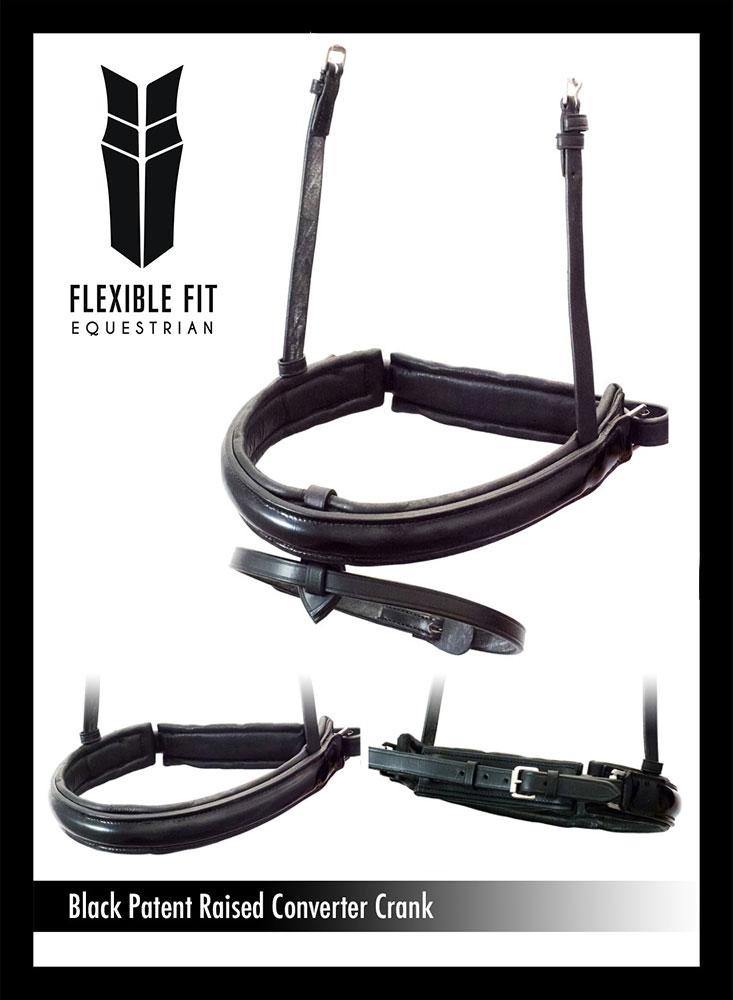 STRAIGHT RAISED PATENT CONVERTER CRANK - BLACK SNAFFLE/DOUBLE NOSEBAND - Flexible Fit Equestrian Australia