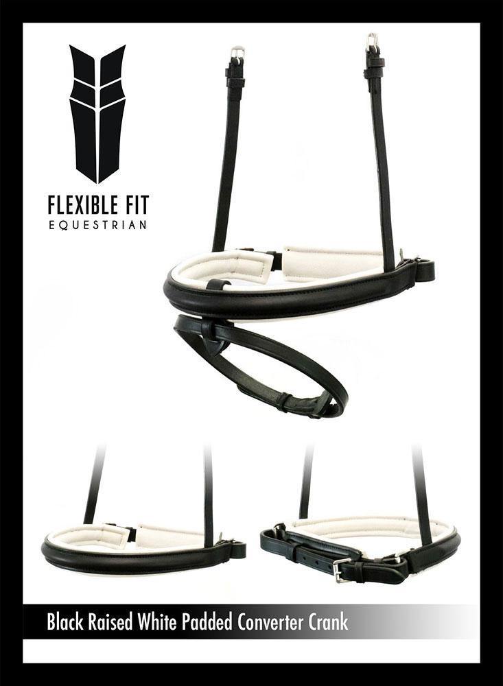STRAIGHT RAISED WHITE PADDED CONVERTER CRANK - BLACK SNAFFLE/DOUBLE NOSEBAND - Flexible Fit Equestrian Australia