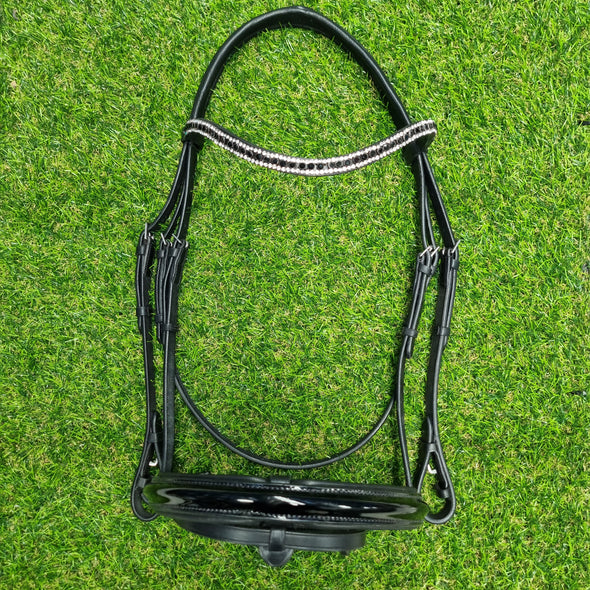 Warmblood Size Black Premium Gel Snaffle Bride with Main Black and Clear Thin Crystal Wave and Straight Raised Patent Converter Crank - No reins