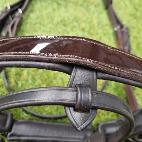Warmblood Size Havana Premium Gel Double Bridle with Straight Flat Patent Show Browband and Straight Flat Patent Converter Crank Noseband - No reins