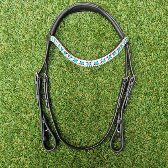 Pony Size Havana Premium Gel Nosebandless Bridle with Turquoise & Clear Thin Crystal Wave Browband - No reins