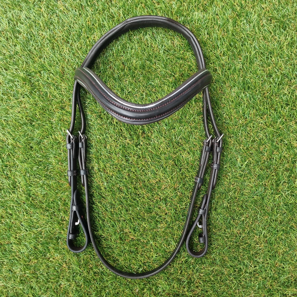 Pony Size Havana Premium Gel Nosebandless Bridle with Raised Silver Pipe Wave Browband - No reins