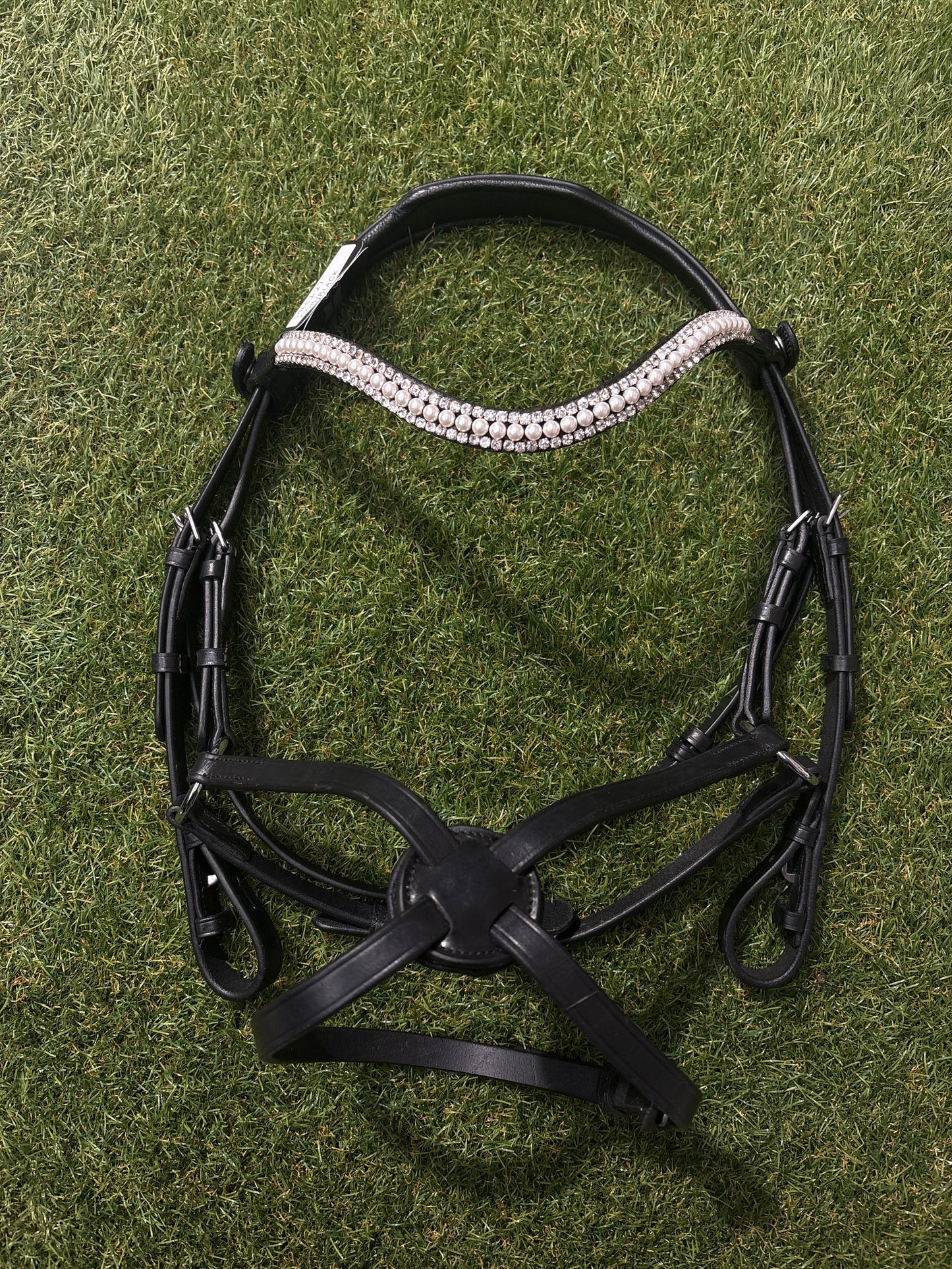 Cob Size Black Premium Gel Snaffle Bridle - White Pearl & Clear Crystal Wave Browband & Figure 8 Noseband - No Reins