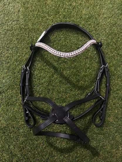 Cob Size Black Premium Gel Snaffle Bridle - White Pearl & Clear Crystal Wave Browband & Figure 8 Noseband - No Reins