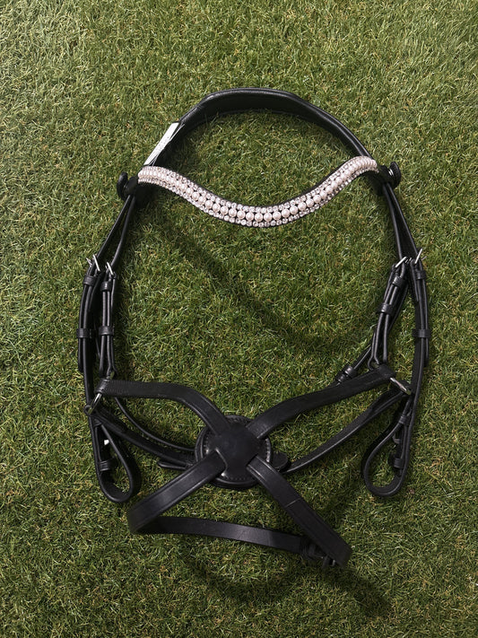 Cob Size Black Premium Gel Snaffle Bridle - White Pearl & Clear Crystal Wave Browband & Figure 8 Noseband - No Reins