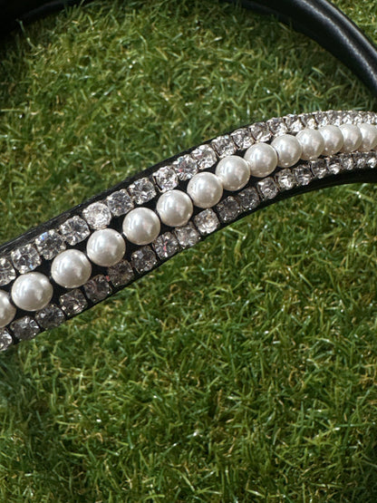 Cob Size Black Premium Gel Snaffle Bridle - White Pearl & Clear Crystal Wave Browband & Figure 8 Noseband - No Reins