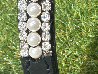 Cob Size Black Premium Gel Snaffle Bridle - White Pearl & Clear Crystal Wave Browband & Figure 8 Noseband - No Reins