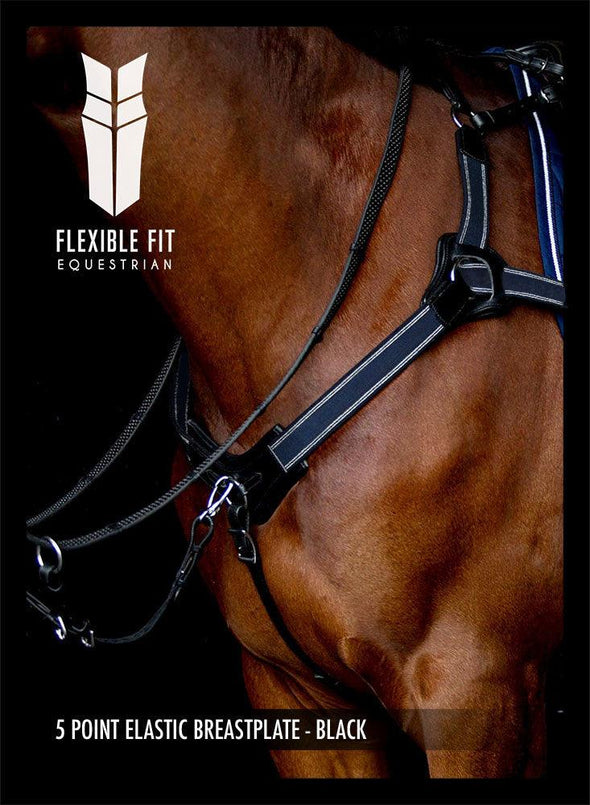 5 Point Elastic Breastplate - Black - Flexible Fit Equestrian Australia