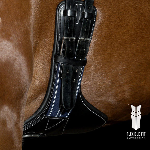 ANATOMICAL BLACK SHORT STUD GIRTH - BLUE AND WHITE ELASTIC - Flexible Fit Equestrian Australia