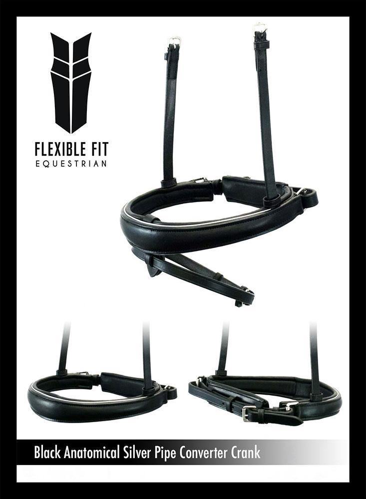 ANATOMICAL RAISED SILVER PIPE CONVERTER CRANK - BLACK SNAFFLE/DOUBLE NOSEBAND - Flexible Fit Equestrian Australia