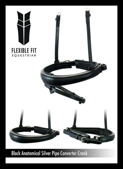 ANATOMICAL RAISED SILVER PIPE CONVERTER CRANK - BLACK SNAFFLE/DOUBLE NOSEBAND - Flexible Fit Equestrian Australia