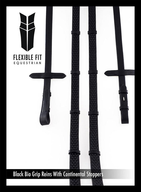 BIO GRIP WITH CONTINENTAL STOPPERS BLACK REINS - Flexible Fit Equestrian Australia
