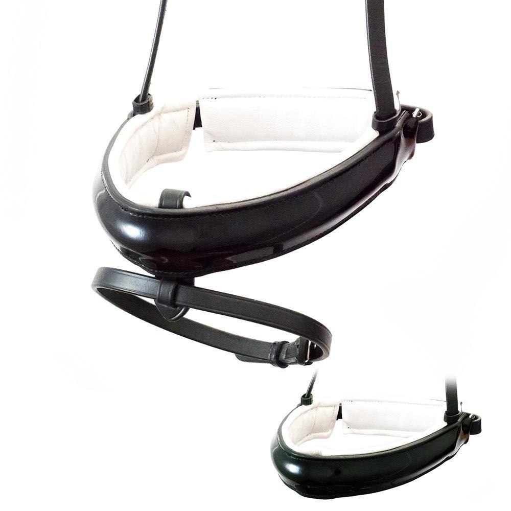 EXTRA WIDE STRAIGHT RAISED PATENT WHITE PADDED CONVERTER CRANK - BLACK SNAFFLE/DOUBLE NOSEBAND - Flexible Fit Equestrian Australia