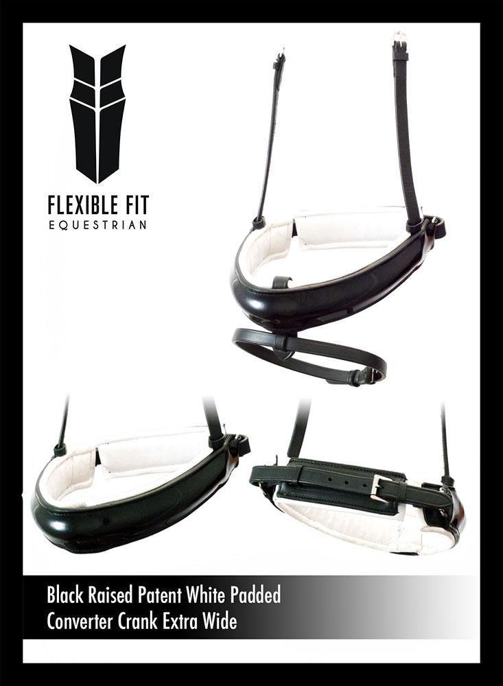 EXTRA WIDE STRAIGHT RAISED PATENT WHITE PADDED CONVERTER CRANK - BLACK SNAFFLE/DOUBLE NOSEBAND - Flexible Fit Equestrian Australia