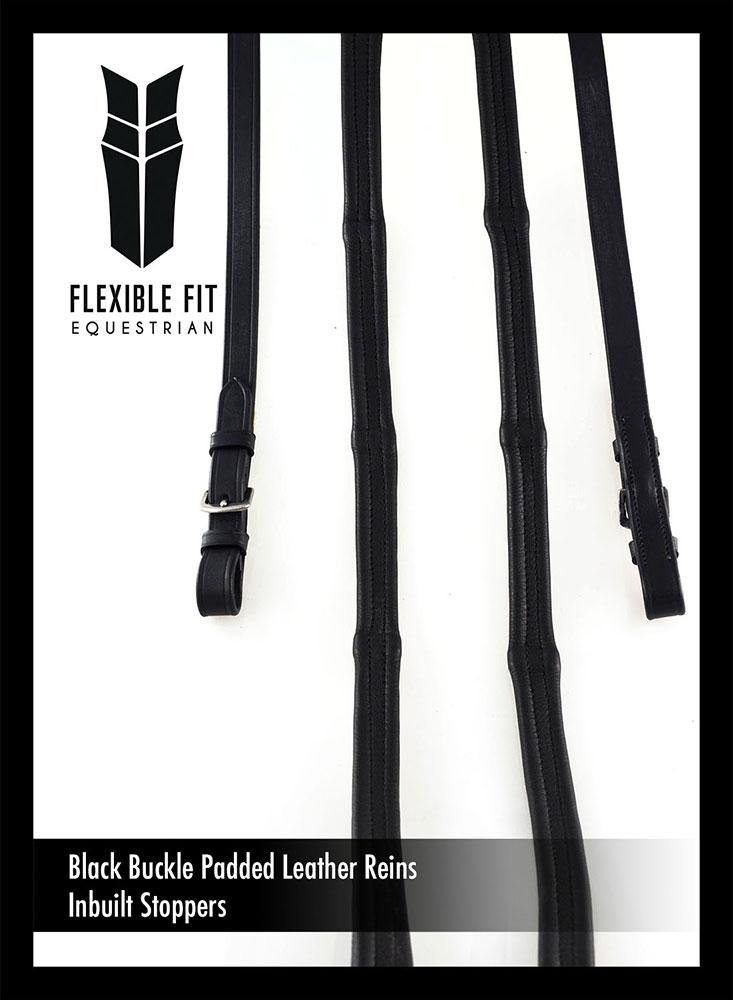 PADDED LEATHER  5/8 BUCKLE SCHOOLING BLACK REINS - Flexible Fit Equestrian Australia