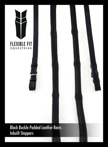 PADDED LEATHER  5/8 BUCKLE SCHOOLING BLACK REINS - Flexible Fit Equestrian Australia