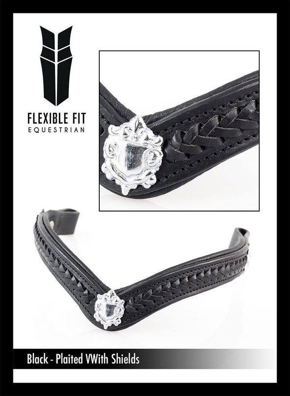 PLAITED WITH SHIELDS V SHAPE - BLACK BROWBAND - Flexible Fit Equestrian Australia