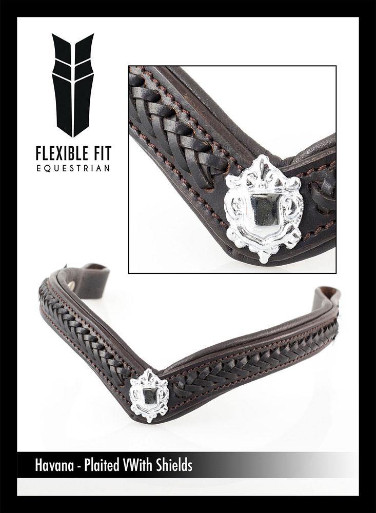 PLAITED WITH SHIELDS V SHAPE - HAVANA BROWBAND - Flexible Fit Equestrian Australia