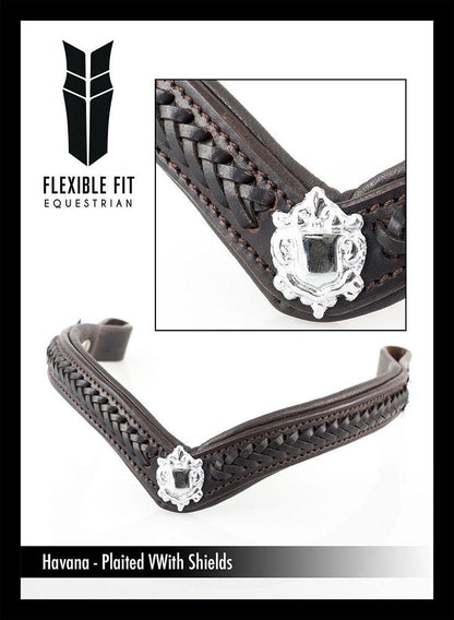 PLAITED WITH SHIELDS V SHAPE - HAVANA BROWBAND - Flexible Fit Equestrian Australia
