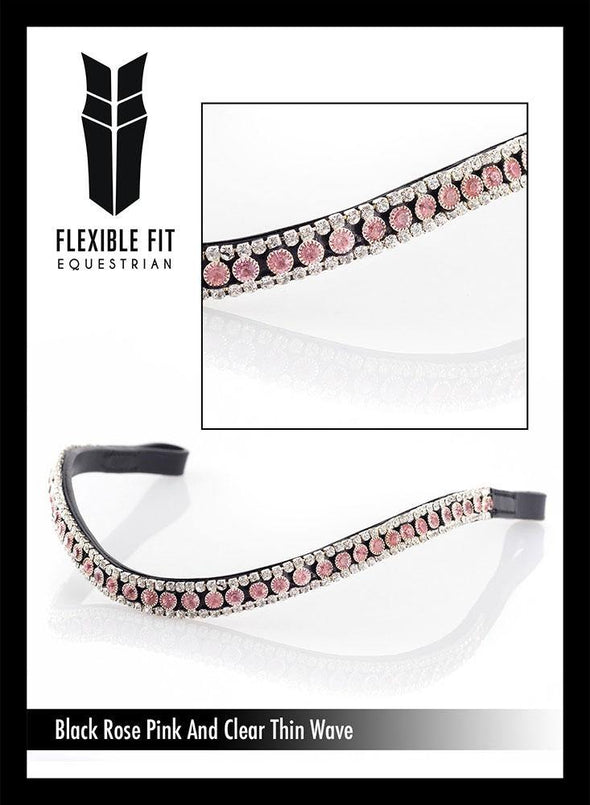 ROSE PINK AND CLEAR CRYSTAL THIN WAVE - BLACK BROWBAND - Flexible Fit Equestrian Australia