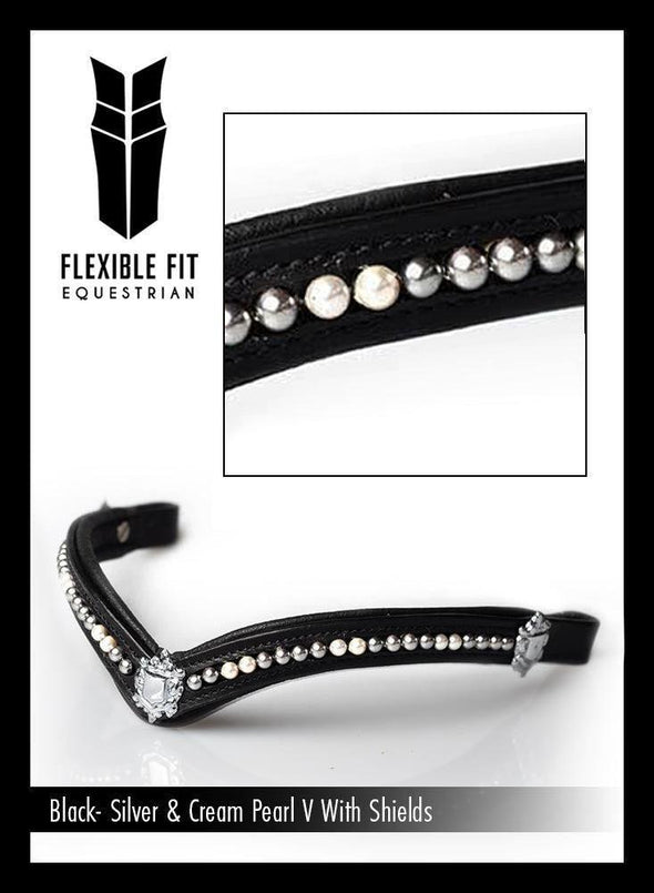 Steel Grey & Cream Pearl V with Shields - Black Browband - Flexible Fit Equestrian Australia