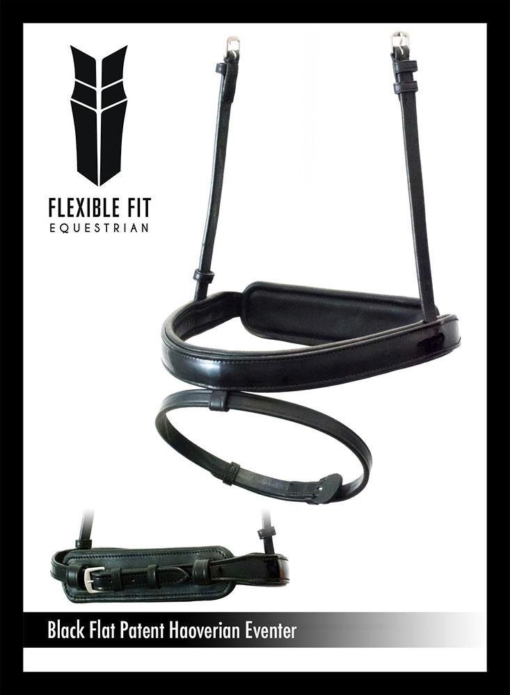 STRAIGHT FLAT PATENT HANOVERIAN EVENTER - BLACK NOSEBAND - Flexible Fit Equestrian Australia