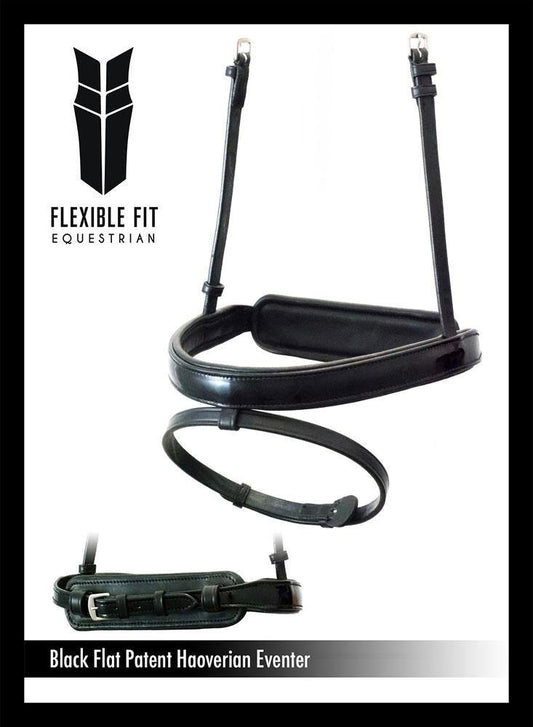 STRAIGHT FLAT PATENT HANOVERIAN EVENTER - BLACK NOSEBAND - Flexible Fit Equestrian Australia