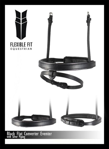 Straight Flat Plain Silver Pipe Converter Eventer - Black Snaffle/Double Noseband - Flexible Fit Equestrian Australia