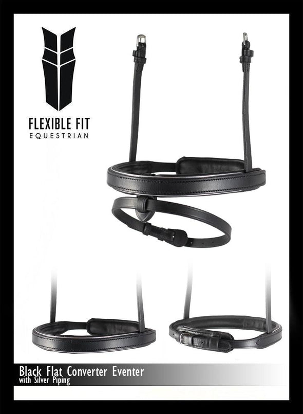 Straight Flat Plain Silver Pipe Converter Eventer - Black Snaffle/Double Noseband - Flexible Fit Equestrian Australia