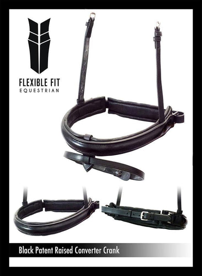 STRAIGHT RAISED PATENT CONVERTER CRANK - BLACK SNAFFLE/DOUBLE NOSEBAND - Flexible Fit Equestrian Australia