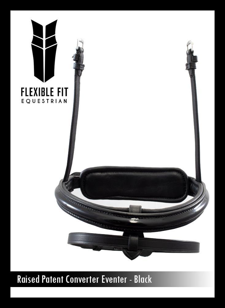 STRAIGHT RAISED PATENT CONVERTER EVENTER - BLACK SNAFFLE/DOUBLE NOSEBAND - Flexible Fit Equestrian Australia
