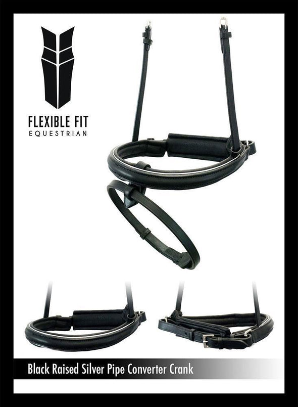 STRAIGHT RAISED SILVER PIPE CONVERTER CRANK - BLACK SNAFFLE/DOUBLE NOSEBAND - Flexible Fit Equestrian Australia