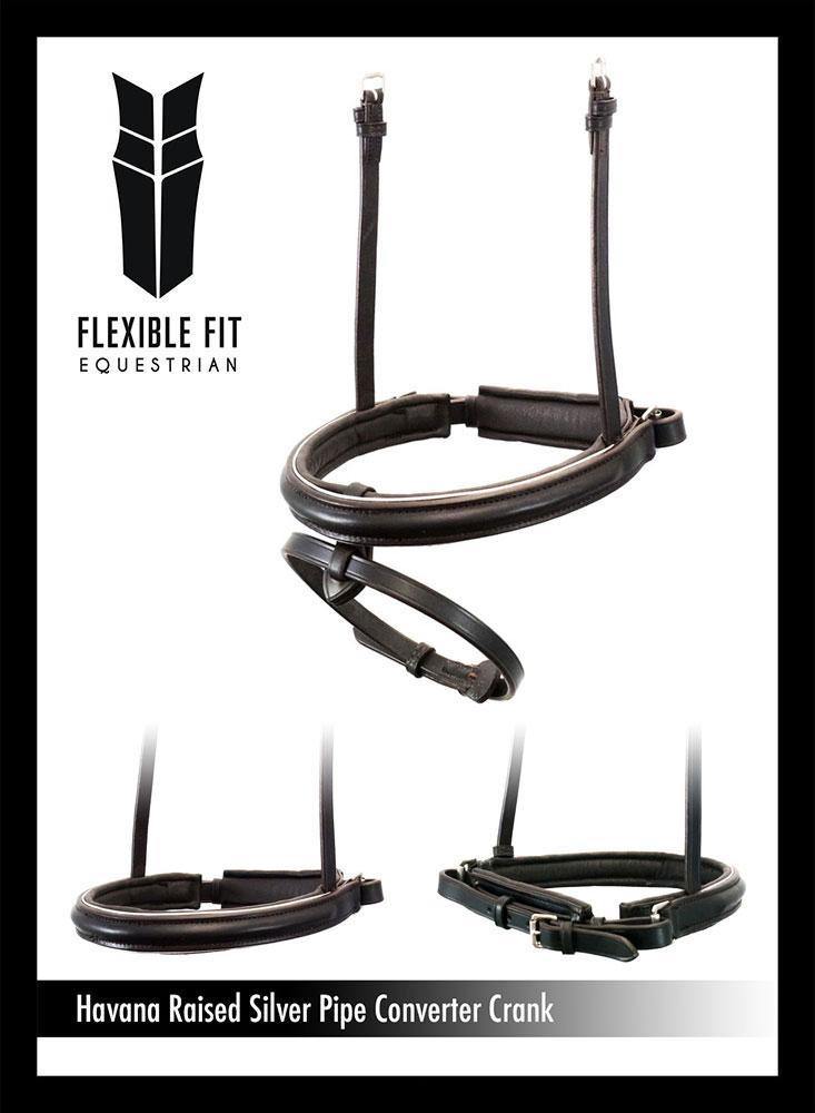 STRAIGHT RAISED  SILVER PIPE CONVERTER CRANK - HAVANA SNAFFLE/DOUBLE NOSEBAND - Flexible Fit Equestrian Australia