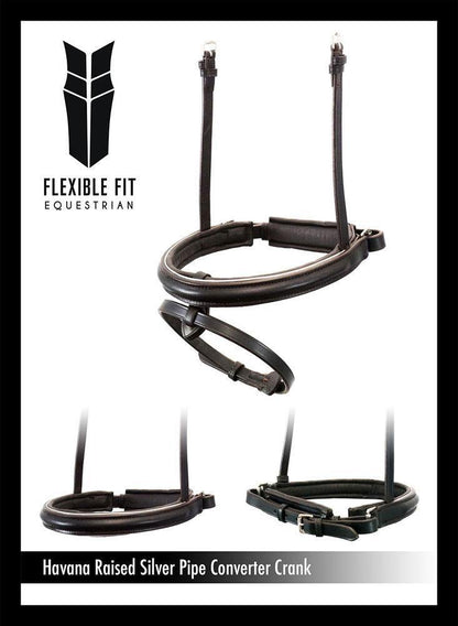 STRAIGHT RAISED  SILVER PIPE CONVERTER CRANK - HAVANA SNAFFLE/DOUBLE NOSEBAND - Flexible Fit Equestrian Australia