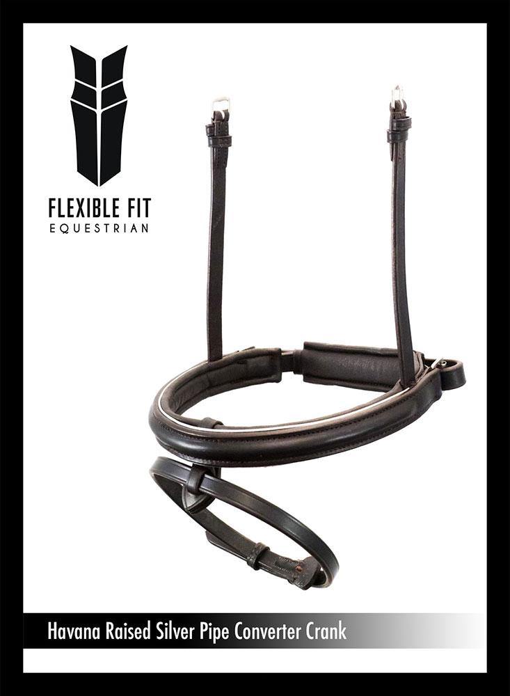 STRAIGHT RAISED  SILVER PIPE CONVERTER CRANK - HAVANA SNAFFLE/DOUBLE NOSEBAND - Flexible Fit Equestrian Australia