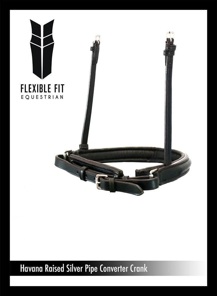 STRAIGHT RAISED  SILVER PIPE CONVERTER CRANK - HAVANA SNAFFLE/DOUBLE NOSEBAND - Flexible Fit Equestrian Australia