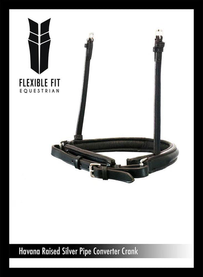 STRAIGHT RAISED  SILVER PIPE CONVERTER CRANK - HAVANA SNAFFLE/DOUBLE NOSEBAND - Flexible Fit Equestrian Australia