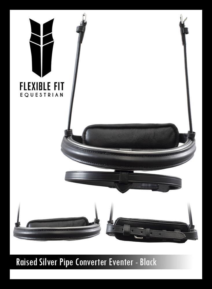 STRAIGHT RAISED SILVER PIPE CONVERTER EVENTER - BLACK SNAFFLE/DOUBLE NOSEBAND - Flexible Fit Equestrian Australia