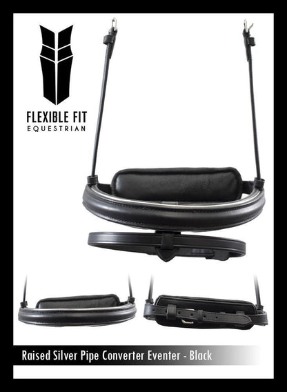 STRAIGHT RAISED SILVER PIPE CONVERTER EVENTER - BLACK SNAFFLE/DOUBLE NOSEBAND - Flexible Fit Equestrian Australia