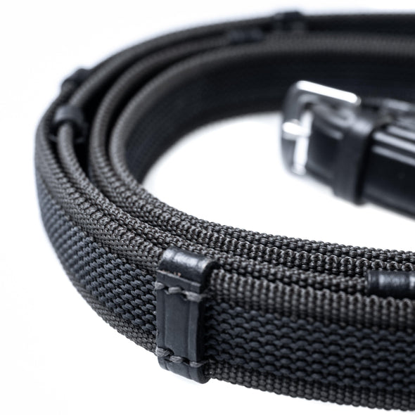 SURE GRIP BLACK REINS WITH CONTINENTAL STOPPERS - Flexible Fit Equestrian Australia