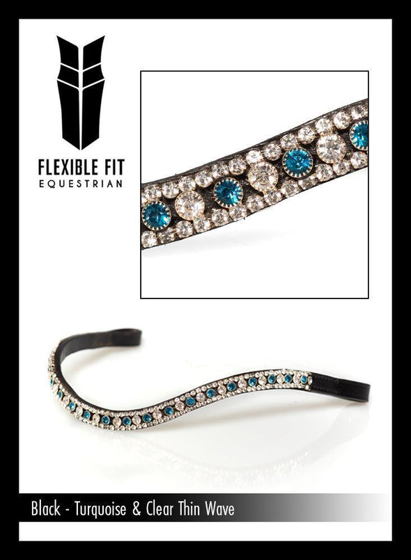 TURQUOISE AND CLEAR THIN CRYSTAL WAVE - BLACK BROWBAND - Flexible Fit Equestrian Australia
