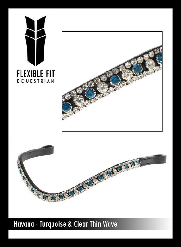 TURQUOISE AND CLEAR THIN CRYSTAL WAVE - HAVANA BROWBAND - Flexible Fit Equestrian Australia